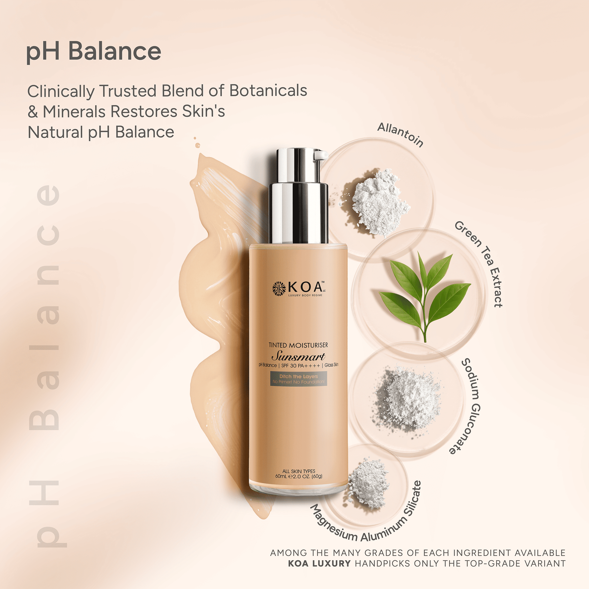 Sunsmart Tinted Moisturiser | pH Balance | SPF 30 PA++++ | Glass Skin | For All Skin Types | For Both Women & Men | 60mL